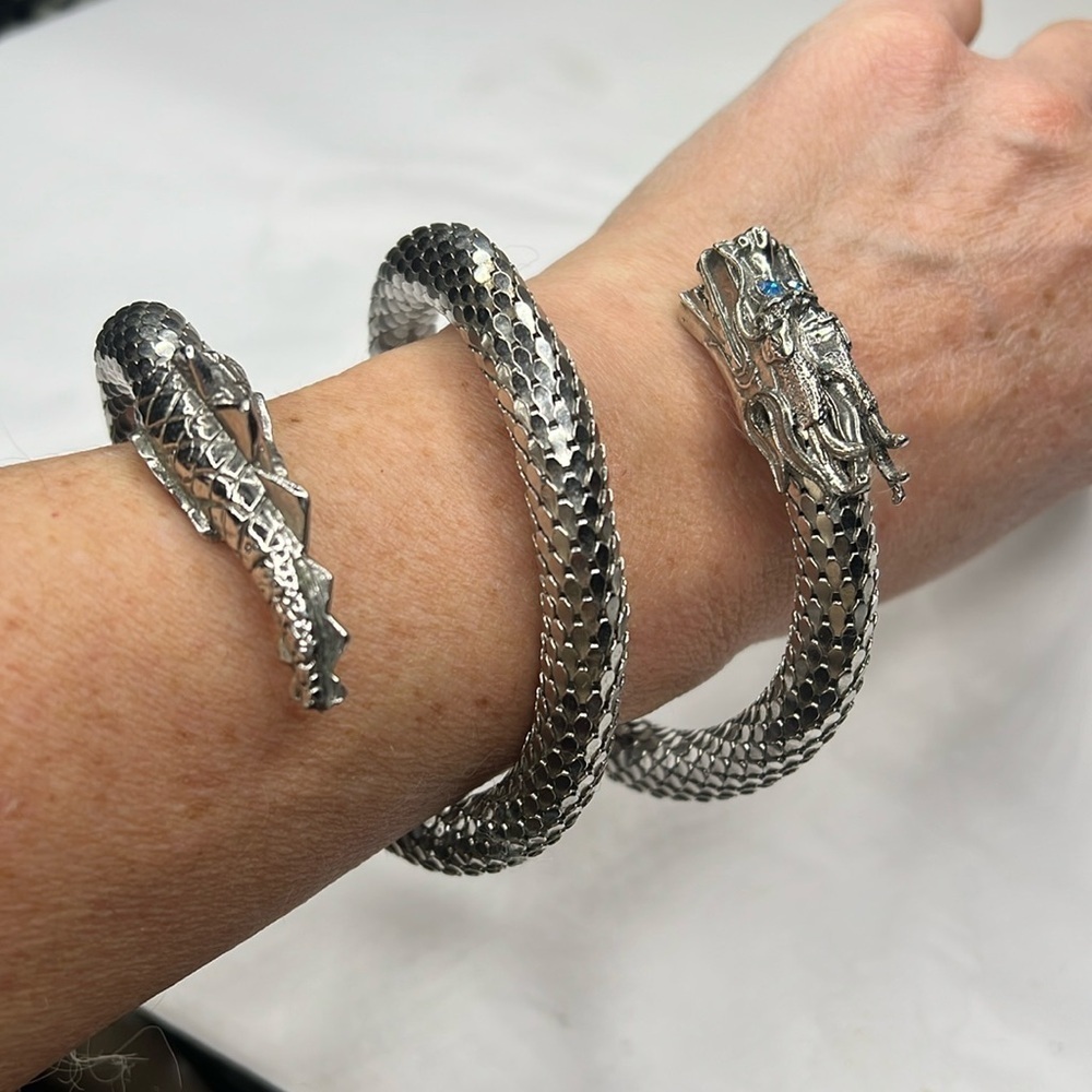 Silver Tone Mesh Coil Mesh Snake with Blue Crystal Eyes and Tail Bracelet